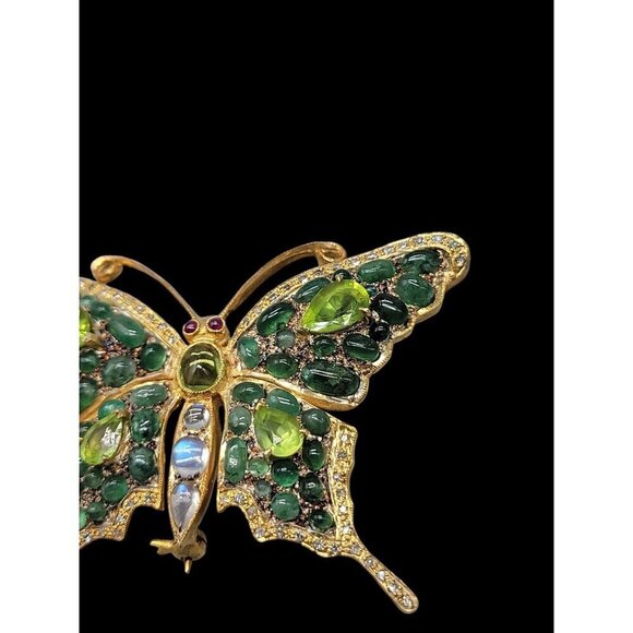 Diamond Emerald Peridot Gilded Brooch Pendant 585 Bail 24k Gold Plated Sterling - Picture 15 of 16